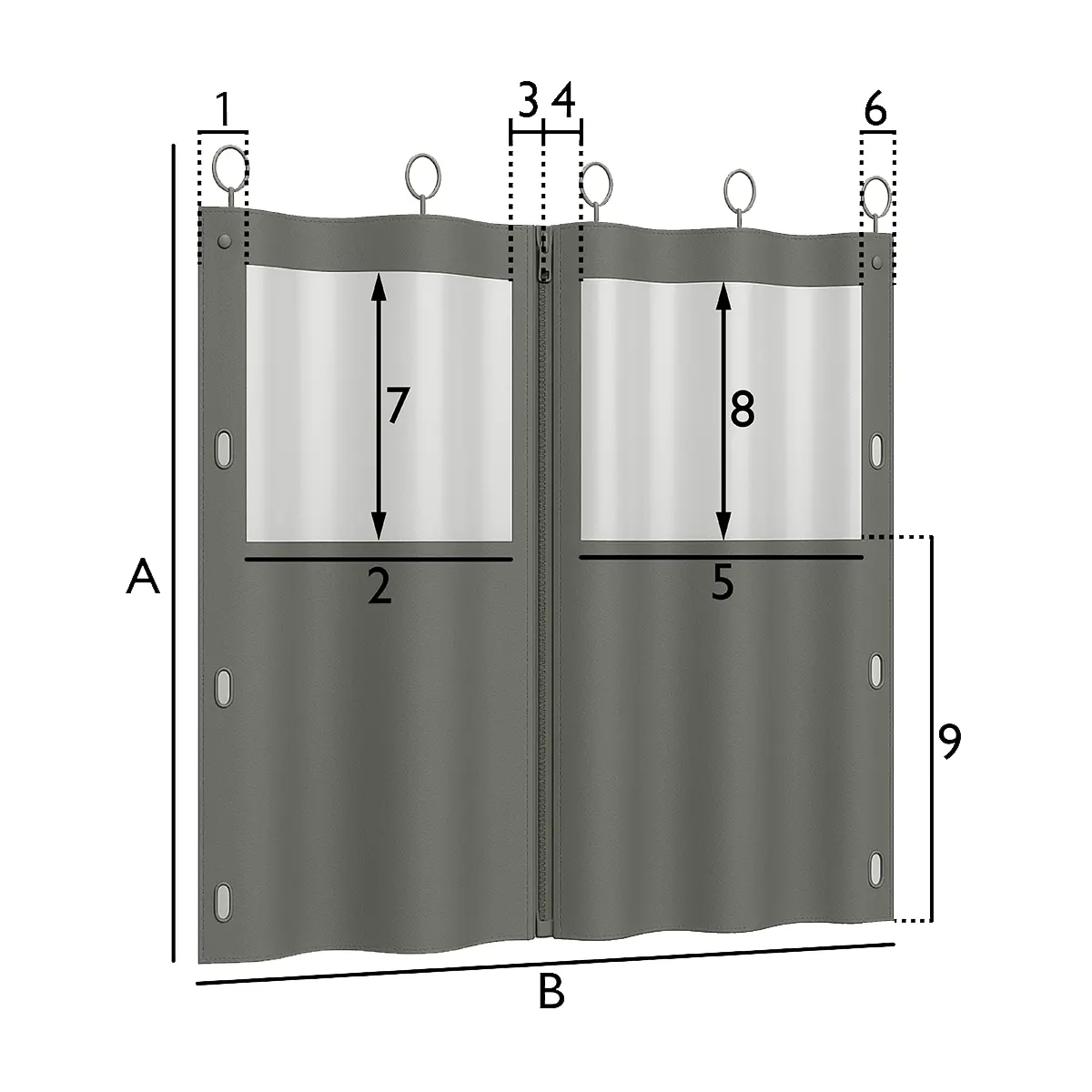 Cortinas de lona con anillas, cremallera y doble ventana
