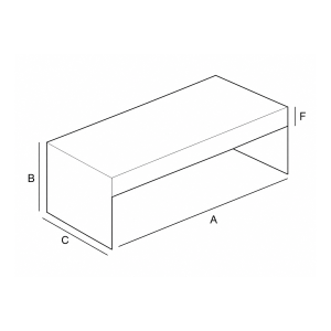 Funda rectangular abierta con faldón: A largo, B altura total, C fondo y F altura del faldón frontal.